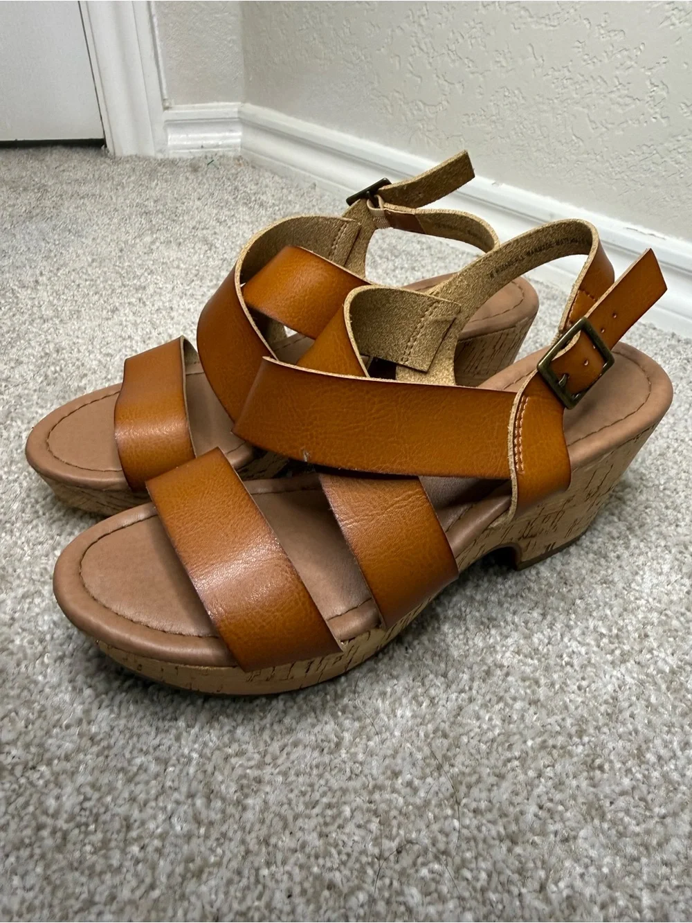 Women’s Tan Faux Leather Platform Sandals - Stylish Woven Straps